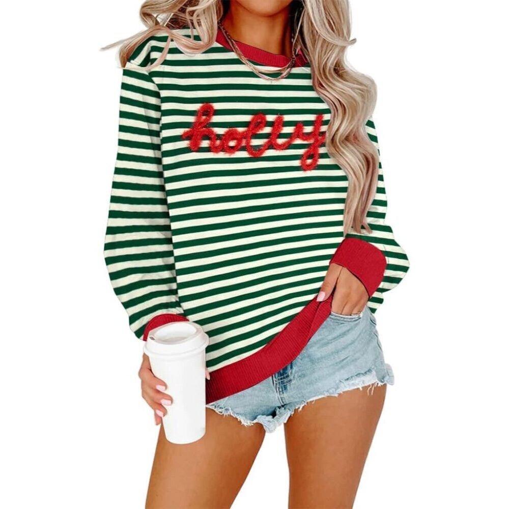 Sequin Christmas Sweater Women Green Oversized Holiday Graphic Pullover